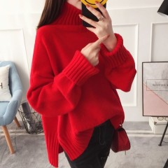 不加絨紅色毛衣女秋冬新款打底韓版高領(lǐng)學(xué)生寬松套頭針織衫