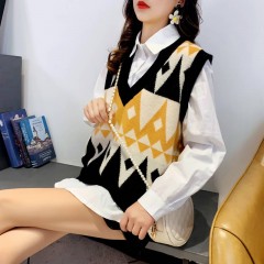 2020春季慵懶風(fēng)百搭V領(lǐng)套頭無(wú)袖毛衣馬夾菱格外穿針織背心馬甲女