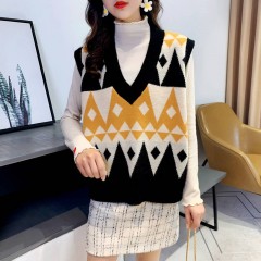 2020春季慵懶風(fēng)百搭V領(lǐng)套頭無(wú)袖毛衣馬夾菱格外穿針織背心馬甲女