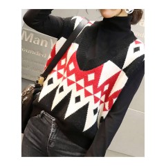 2020春季慵懶風(fēng)百搭V領(lǐng)套頭無(wú)袖毛衣馬夾菱格外穿針織背心馬甲女