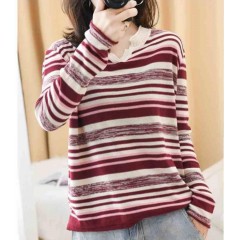 新款2019秋v領針織長袖女裝寬松毛衣上衣條紋針織衫薄款打底衫