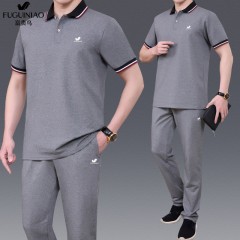 純棉【富貴鳥】夏季男士運(yùn)動(dòng)休閑套裝爸爸裝中老年父親短袖二件套