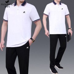 純棉【富貴鳥】夏季男士運(yùn)動(dòng)休閑套裝爸爸裝中老年父親短袖二件套