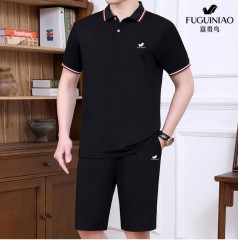 純棉【富貴鳥】夏季男士運(yùn)動(dòng)休閑套裝爸爸裝中老年父親短袖二件套