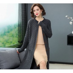 秋冬新款中長(zhǎng)款過(guò)膝針織開衫女韓版春秋寬松女士秋冬毛衣外套