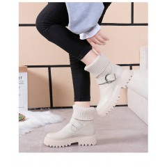 2019秋冬新款馬丁靴女學院風短靴毛線靴加絨粗跟厚底防滑女鞋潮