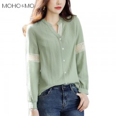 2020年春季新品女款韓版時(shí)尚百搭甜美拼接花邊V領(lǐng)襯衫