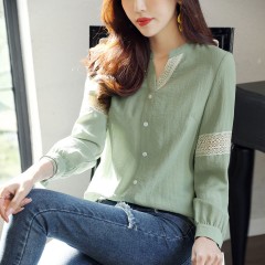 2020年春季新品女款韓版時(shí)尚百搭甜美拼接花邊V領(lǐng)襯衫