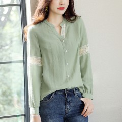 2020年春季新品女款韓版時(shí)尚百搭甜美拼接花邊V領(lǐng)襯衫