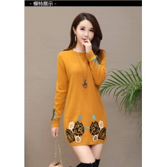 秋冬圓領(lǐng)媽媽寬松毛衣女中長(zhǎng)款印花連衣裙大碼中老年針織厚打底衫