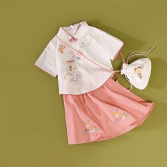 童裝女童中國(guó)風(fēng)春夏新款中童中式復(fù)古旗袍刺繡兒童漢服套裝