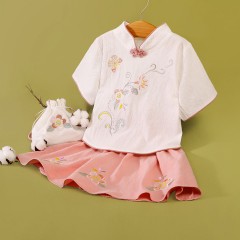 童裝女童中國(guó)風(fēng)春夏新款中童中式復(fù)古旗袍刺繡兒童漢服套裝