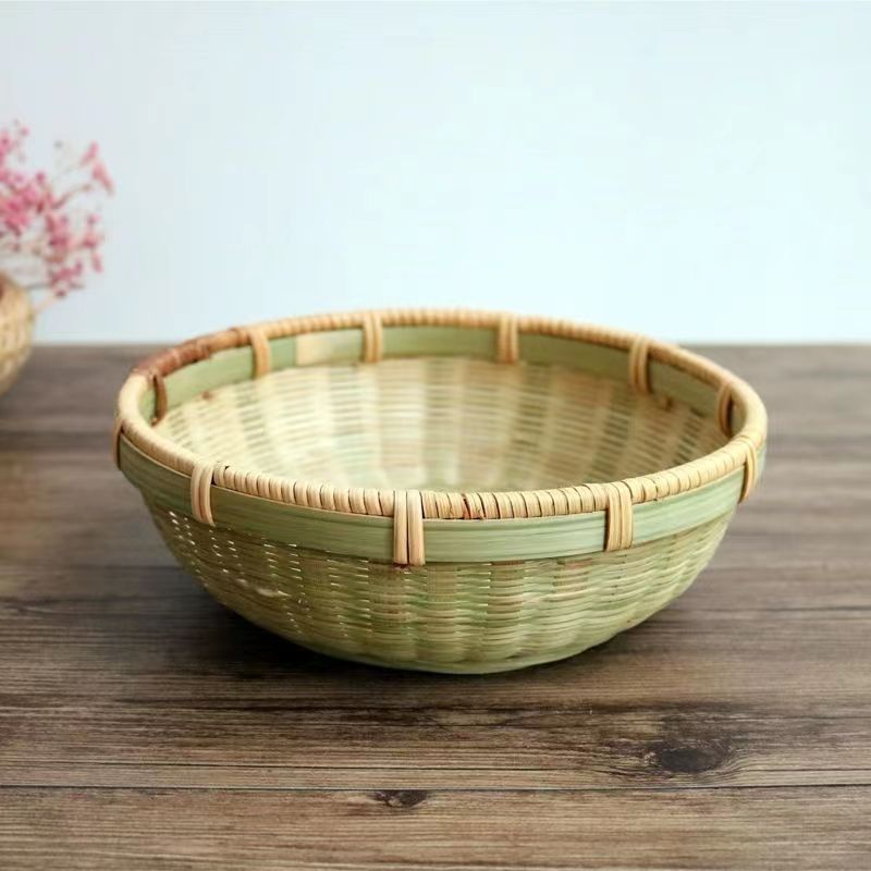 竹編收納筐家用圓形藤編饅頭竹筐水果籃頭層竹青編織竹制品竹籃子